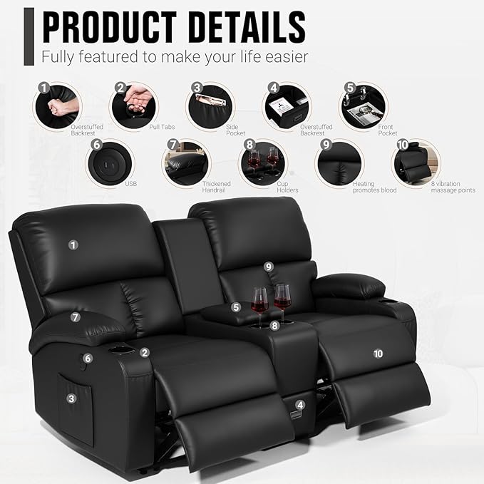 Home Theater Seating,RV Recliner Sofa with Massage and Heat,Manual RV Recliner Loveseat with USB/Cup Holders and Side Pocket for Living Room,Loveseat Black