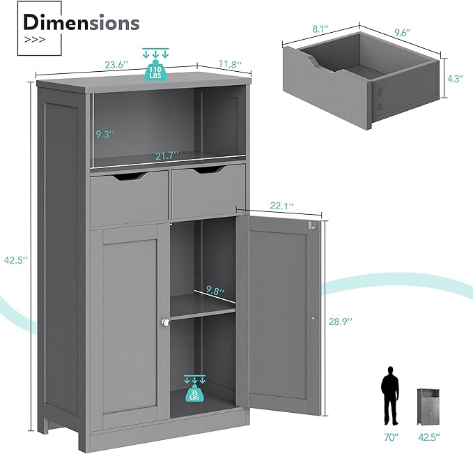 Vongrasig Bathroom Storage Cabinet, Farmhouse Freestanding Pantry Cabinet with 2 Drawers and Shelves, Wooden Storage Organizer for Bathroom, Living Room, Grey