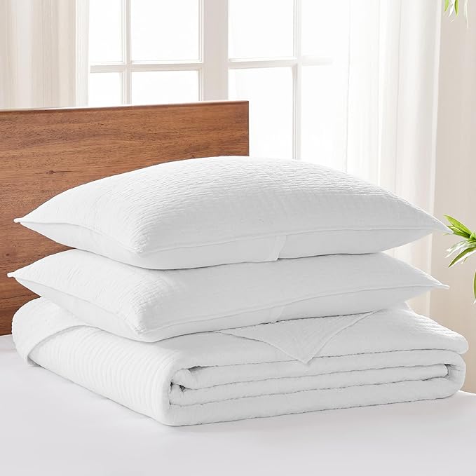 Levtex Home Cross Stitch Reversible Twin Bedspread Set (84x104in) with 1 Pillow Sham (26x20in) - Stitch Texture - Bright White - Cotton Twin Size Bedspread Set - Lightweight, Soft, Pre-Washed