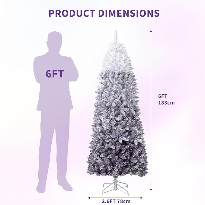 GarveeHome 6ft Snow Flocked Pencil Christmas Tree, Slim Artificial Christmas Tree with Sturdy Metal Stand, Skinny Xmas Tree Holiday Decoration for Home, Office, Purple Gradient