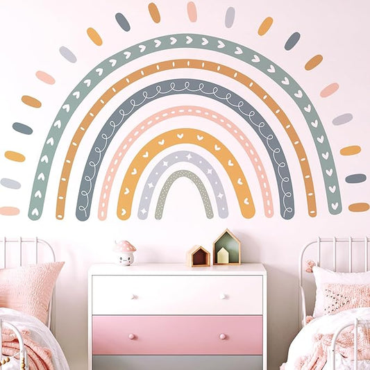 Large Cute Rainbow Wall Decals, Boho Sun Peel and Stick Fabric Nursery Wall Decor, Removable Home Room Wall Decor Murals Stickers for Kids Girls Toddler Bedroom Living Room Playroom