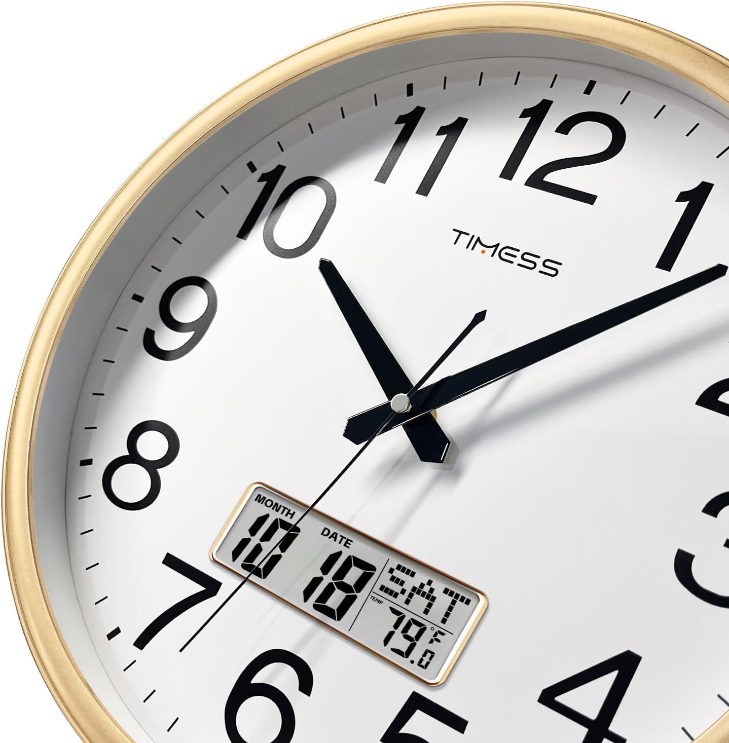 Wall Clock, 13 Inch Non-Ticking Silent Battery Operated Quartz Analog with LCD Display for Perpetual Calendar and F° Temperature, Ideal Modern Home, Bedroom, Kitchen, Office Decor (Gold)