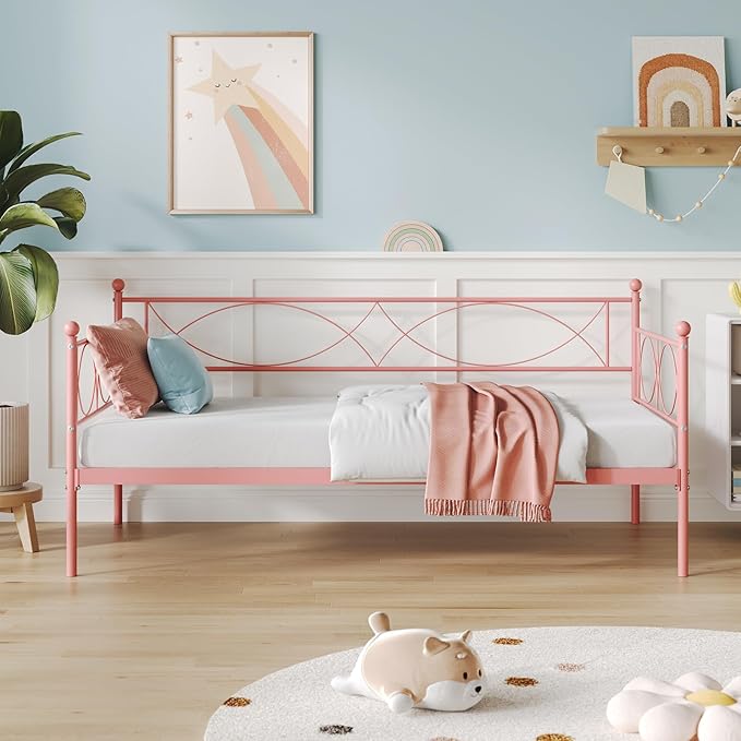 IDEALHOUSE Twin daybed with Trundle, Metal Twin Daybed and Trundle Set, Day Bed Sofa Bed Frame with Steel Slat Support, Multifunctional Daybed Frame for Bedroom (Pink Daybed)
