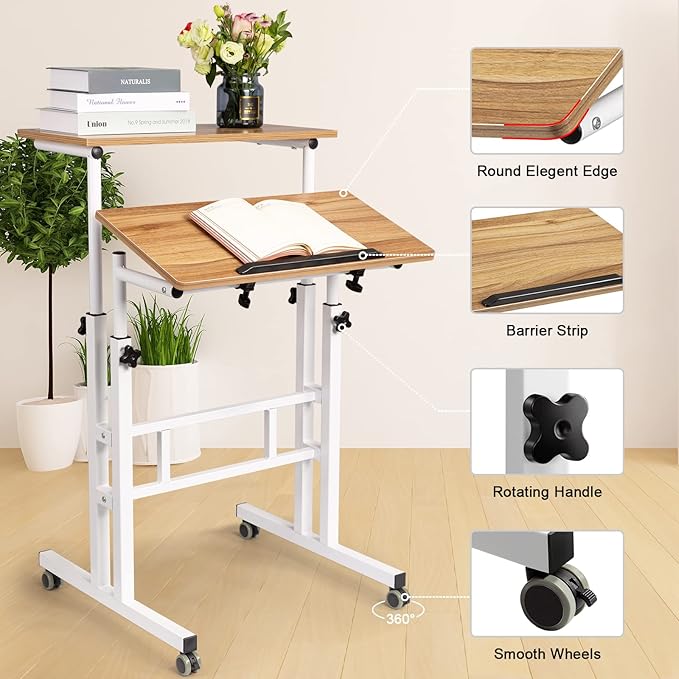 Hadulcet Standing Desk for Walking Pad, Small Portable Standing Desk Adjustable, Rolling Computer Cart, Walking Pad Stand on Wheels, Stand Up Table for Over Treadmill & Drawing, Vintage Oak