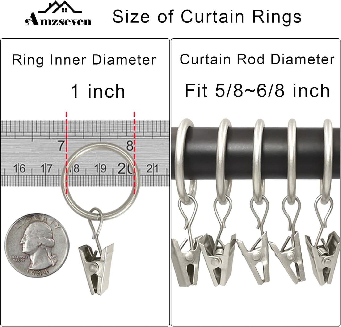 100 Pack Metal Curtain Rings with Clips, Drapery Clips with Rings, Drapes Rings 1 inch Inner Diameter, Fits Diameter 5/8 inch Curtain Rods, Matte Silver