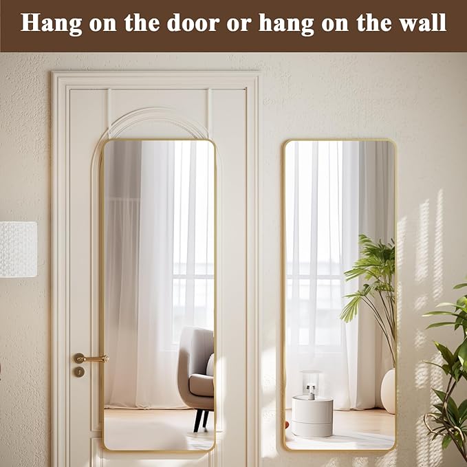 14"x48" Full Length Over The Door Mirror - Aluminum Alloy Frame Full Body Mirror with Height-Adjustable Hangers, Hanging Leaning Against Wall for Dorm, Gold