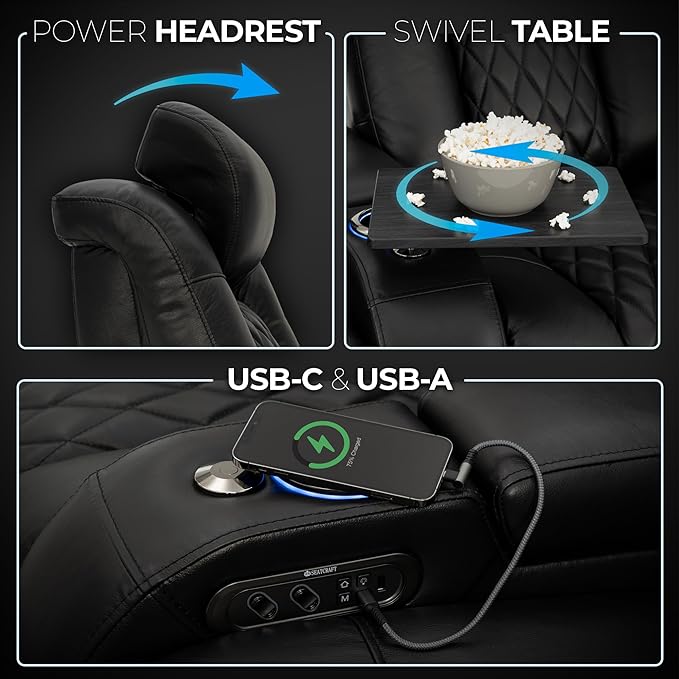 Seatcraft Diamante Zero-Gravity CoolZero Italian Leather Home Theater Seating, Power Headrest, Power Recline, Row of 5 Right Loveseat, Black