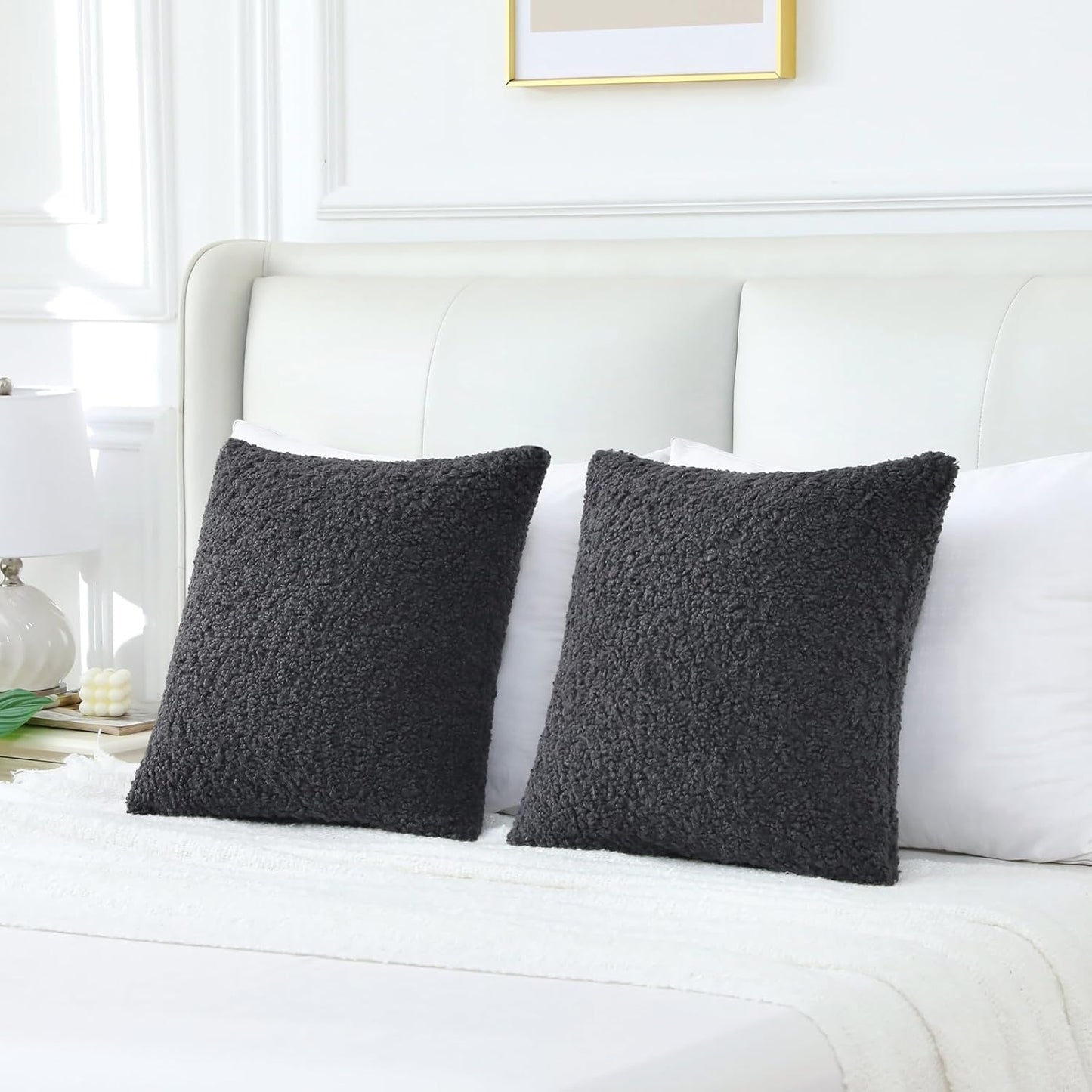 FUTEI Charcoal Throw Pillow Covers 18x18 Inch Set of 2,Furry Faux Fur Teddy Boucle Textured Cushion Covers,Soft Fluffy Decorative Pillow Case,Home Decor for Couch Bed Living Room Office Car