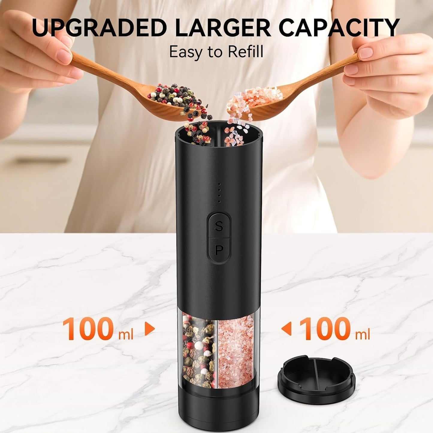 HeatBay Electric Salt and Pepper Grinder Set 2 in 1, USB Rechargeable, Automatic Salt and Pepper Mill Shakers with LED Light, Battery Display, Adjustable Coarseness, Ideal for Kitchen Outdoor BBQ Gift