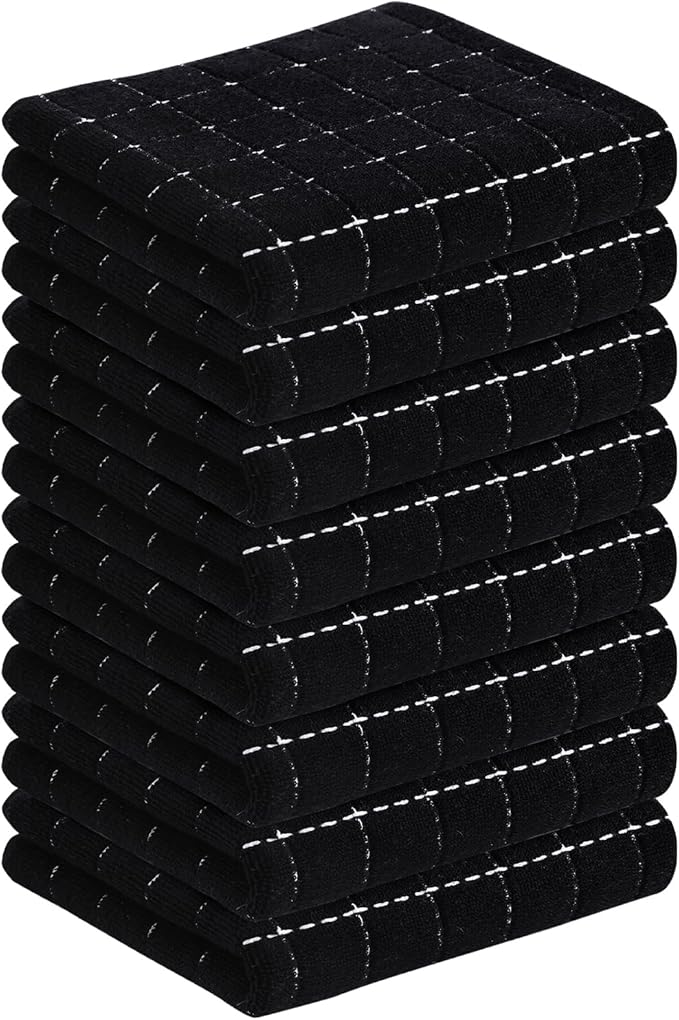 Homaxy 100% Cotton Terry Kitchen Towels(Black, 13 x 28 inches), Checkered Designed, Soft and Super Absorbent Dish Towels, 8 Pack
