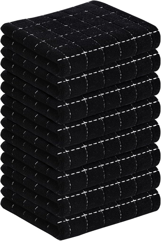 Homaxy 100% Cotton Terry Kitchen Towels(Black, 13 x 28 inches), Checkered Designed, Soft and Super Absorbent Dish Towels, 8 Pack