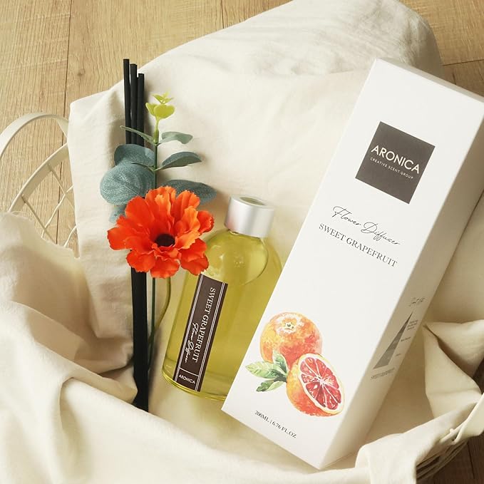 Aronica Grapefruit Reed Diffuser, Room Scent Diffuser with Red Flower, Difusor De Varillas, Aesthetic Room Decor, Apartment House Bathroom Essentials, Air Fresheners for Home Long Lasting