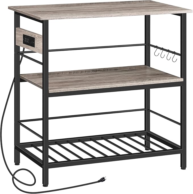 HOOBRO Kitchen Island with Storage, Kitchen Island Table with Power Outlet, 3 Tier Coffee Station and Microwave Stand, for Home, Dining Room, Greige and Black BG021ZD01