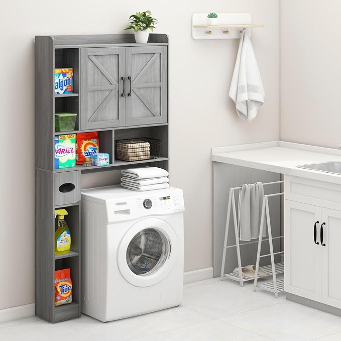Vabches Over The Toilet Storage Cabinet, Farmhouse Style with 2 Barn Doors, Toilet Paper Holder, Space-Saving for Bathroom & Laundry, Gray