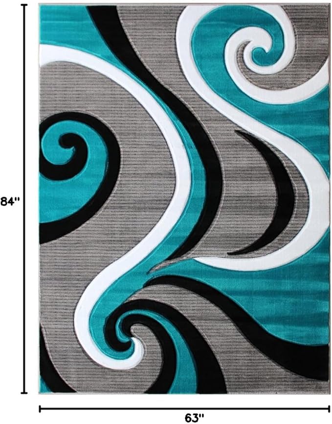 Masada Rugs, Sophia Collection Hand Carved Area Rug Modern Contemporary Turquoise White Grey Black (5 Feet 3 Inch X 7 Feet)