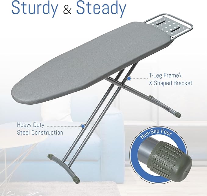Ironing Board Full Size, BlissBoard 43"x13" Sturdy Heavy Duty Iron Board with Iron Rest, Heat Resistant Cover with Ultra Thick Padding, Height Adjustable, Silver