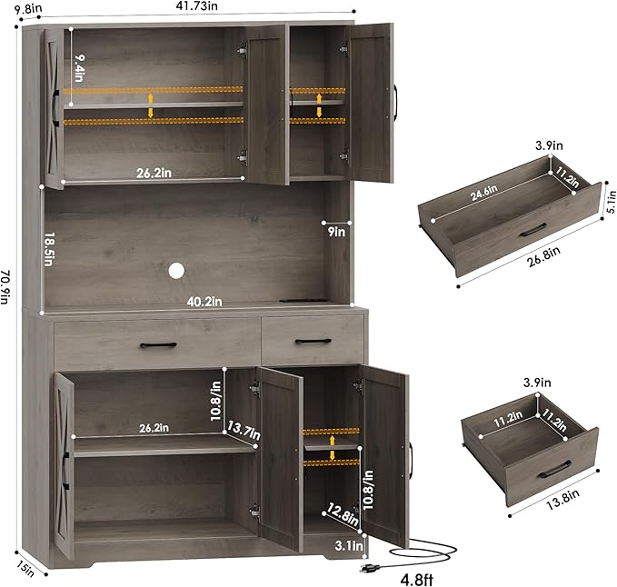 HOSTACK 71" Pantry Cabinet with Charging Station, Tall Kitchen Pantry Storage Cabinet with Microwave Stand, Farmhouse Kitchen Hutch with Storage Drawers for Living Room, Dining Room, Ash Grey