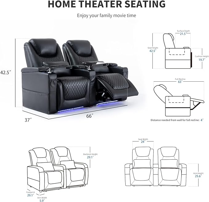 Home Theater Seating Seats, Theater Recliner Chair Sofa Game Movie Theater Chairs with 7 Colors Ambient Lighting, Lumbar Pillow, Side Pocket, Tray Table, Power Recline, Black