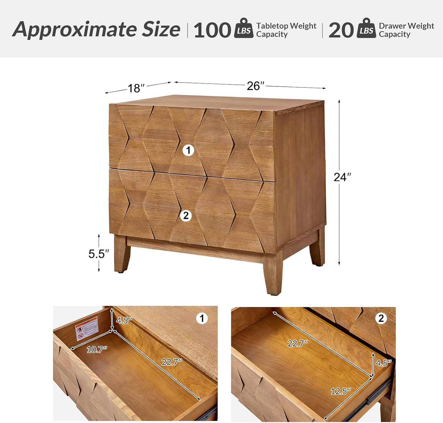 HULALA HOME Wood Nightstand with Charging Station 2 Drawer Dresser with Wooden Legs Mid Century Modern Bedside French Style End Table for Bedroom, Seadrift