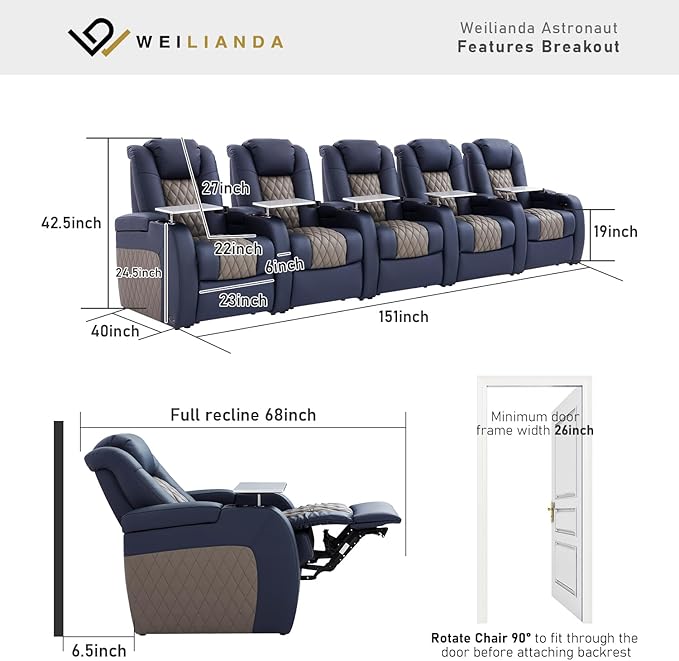 Home Theater Seating, Top Grain Leather Movie Seats Recliner Chair, Zero Gravity Reclining Gaming Sofa with Power Headrest 7 Colors Ambient Lighting 5 Seats Loveseat Right Blue Grey