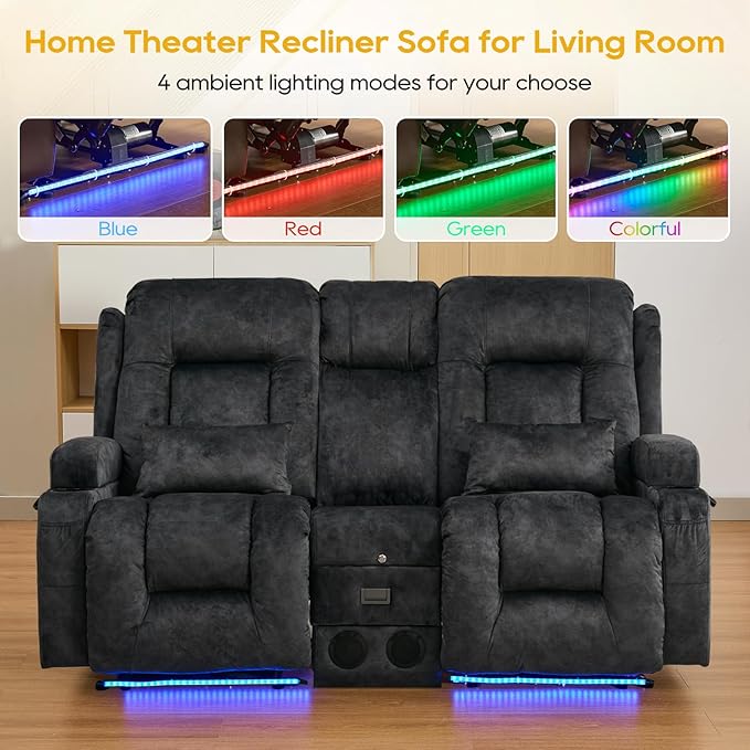 IPKIG 67" Power Reclining Loveseat Sofa, Electric Home Theater Seating with Console/4 Colors Ambient Lighting/Bluetooth Speakers/USB Ports/Built-in Outlets (Grey, Loveseat Recliner)