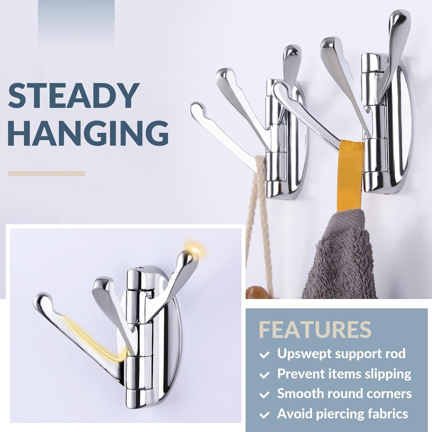 APLusee Swivel Chrome Robe Hook 2 PCS, Metal Foldable Towel Holder with Triple Rotating Arms, Heavy Duty Bathroom Kitchen Coat Hanger Wall Mounted