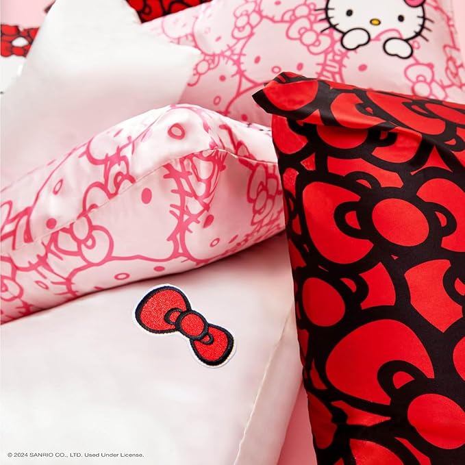 Kitsch x Hello Kitty Sea of Bows - Satin Pillowcase with Zipper for Hair and Skin, Softer Than Silk, Smooth Cooling Pillow Covers, Machine Washable - Queen/Standard Size (19x26)