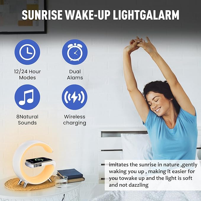 5-in-1 Smart Bedside Lamp with Bluetooth Speaker & APP Control, Wireless Charging Station, Sunrise Alarm Clock, RGB Mood Light, Ideal Gifts for Home, Office, Christmas (Black)