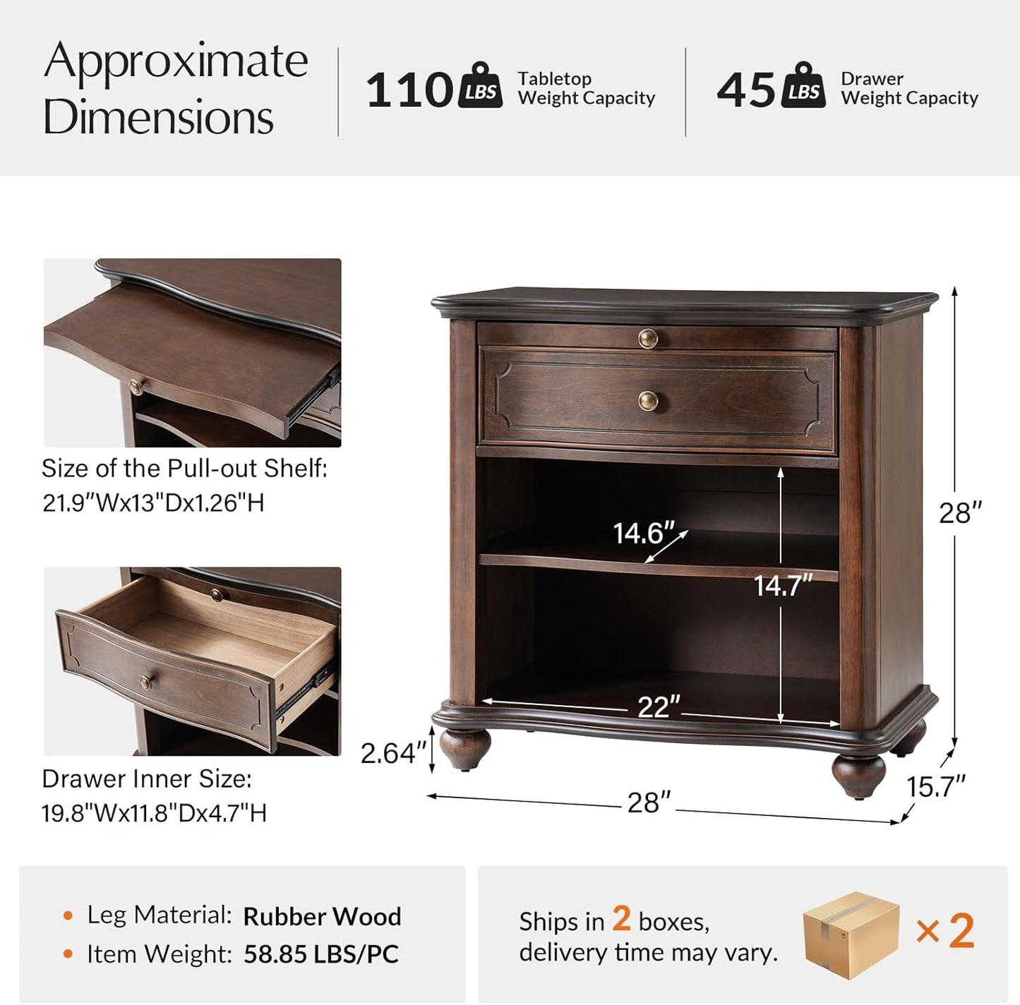 HULALA HOME Wooden Nightstand with Pull-Out Shelf, Mid Century Modern Nightstand with Solid Wood Drawers and Legs, Adjustable Storage Set of 2, Walnut