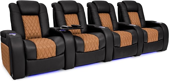 Seatcraft Diamante - Home Theater Seating - Living Room - Power Recline - Italian Leather - Powered Headrests - Cupholders - USB Charging - Ambient Lighting - Arm Storage, Black/Tan Oak, Row of 4