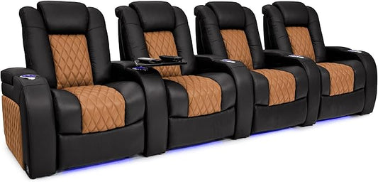 Seatcraft Diamante - Home Theater Seating - Living Room - Power Recline - Italian Leather - Powered Headrests - Cupholders - USB Charging - Ambient Lighting - Arm Storage, Black/Tan Oak, Row of 4