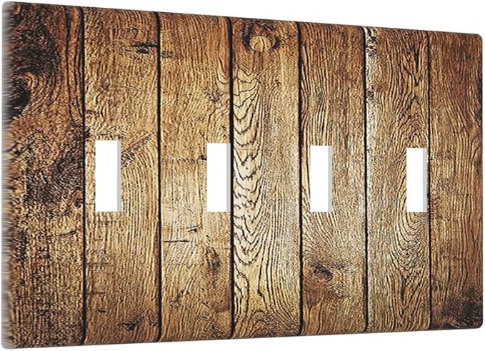 Rustic Brown Wood Natural Wooden Light Switch Covers Quad Toggle 4 Gang Wall Plate Decorative Switch Plates Electrical Faceplate for Bedroom Home Decor