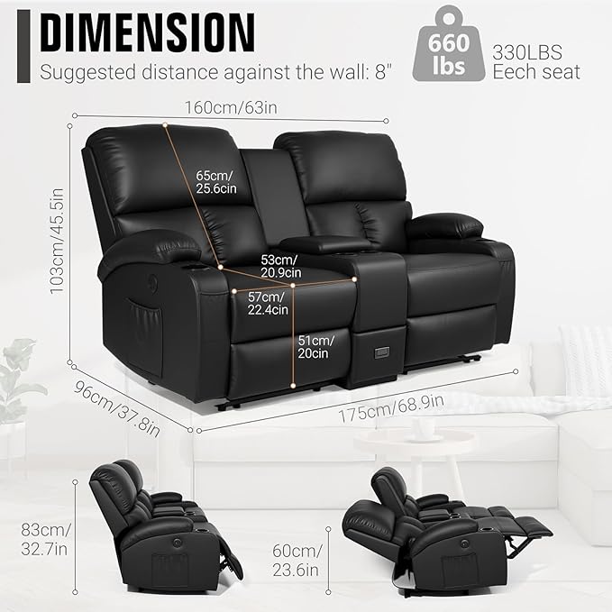 Home Theater Seating,RV Recliner Sofa with Massage and Heat,Manual RV Recliner Loveseat with USB/Cup Holders and Side Pocket for Living Room,Loveseat Black