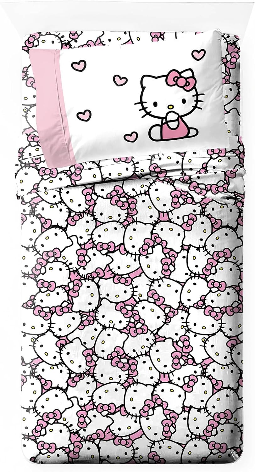 Jay Franco Sheet Set with Fitted, Flat Sheets & Pillow Cover - Ultra-Soft Bedding with Pillowcase for Room Decor, Multi - Hello Kitty, 3 Piece Twin
