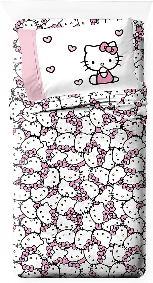 Jay Franco Sheet Set with Fitted, Flat Sheets & Pillow Cover - Ultra-Soft Bedding with Pillowcase for Room Decor, Multi - Hello Kitty, 3 Piece Twin
