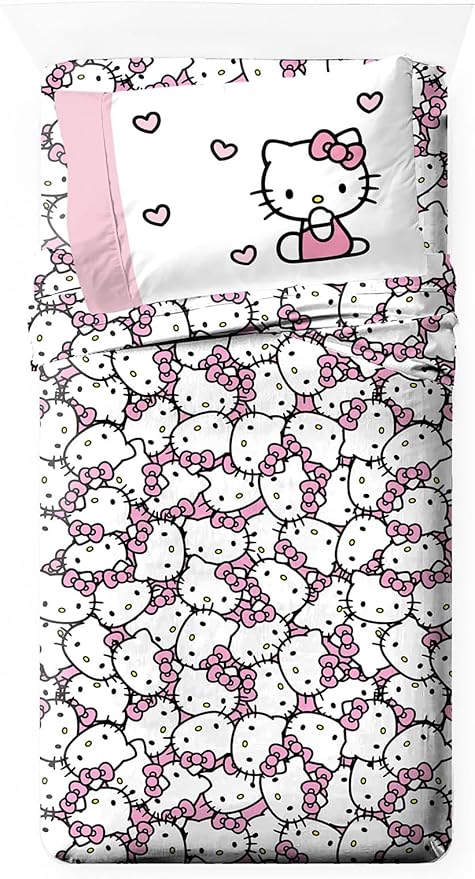 Jay Franco Sheet Set with Fitted, Flat Sheets & Pillow Cover - Ultra-Soft Bedding with Pillowcase for Room Decor, Multi - Hello Kitty, 3 Piece Twin