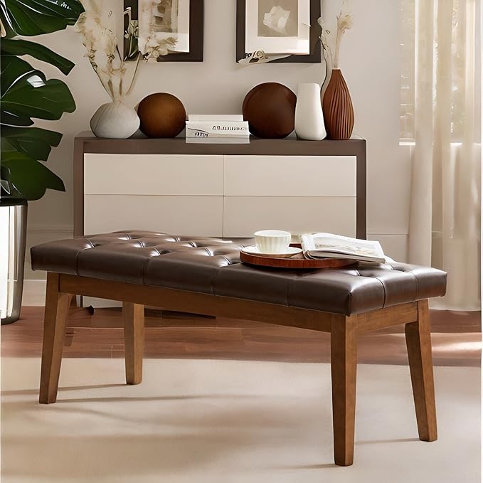 HUIMO Button-Tufted Bench for End of Bed, Entryway Bench with Upholstered Linen Fabric, Ottoman Bench for Living Room,Dining Bench for Kitchen(Brown)
