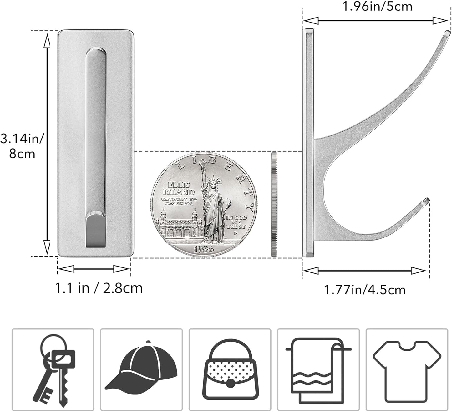 Self-Adhesive Coat Hooks for Hanging - Heavy Duty Stainless Double Wall Hook for Towel, Backpack, Hat, Sturdy Metal Hanger for Bathroom, Bedroom, Door, Wall Mounted, 10-Pack, Silver