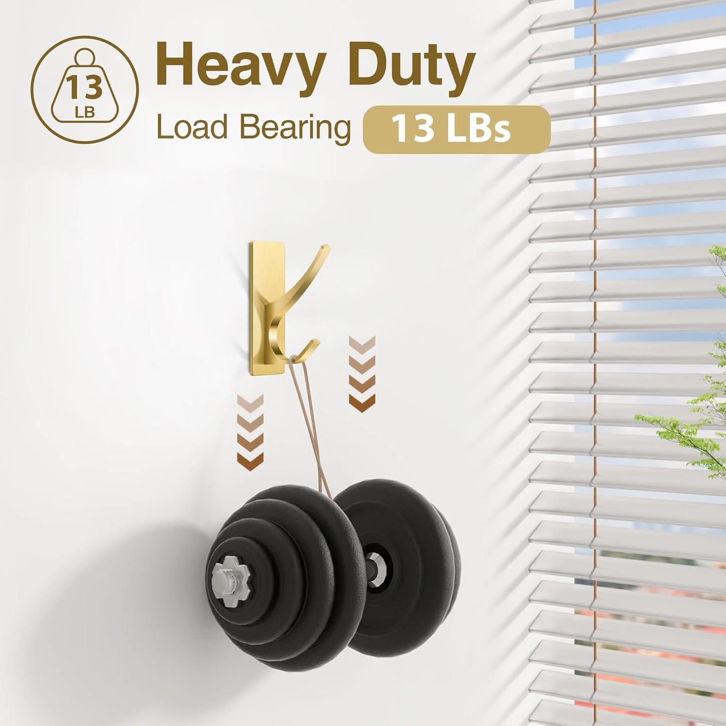 10 Pack Self Adhesive Coat Hooks for Hanging, Heavy Duty Stainless Double Wall Hook for Towel, Backpack, Hat, Sturdy Metal Hanger for Bathroom, Bedroom, Door, Wall Mounted, Brushed Gold