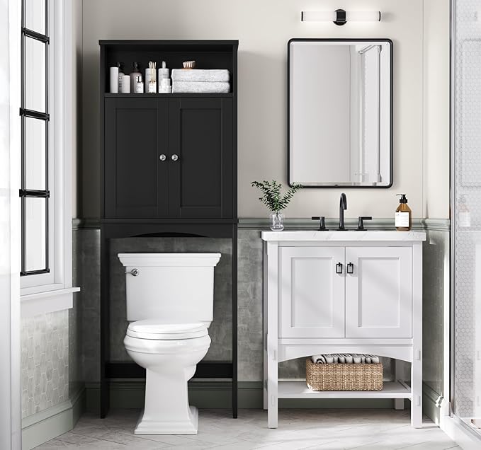 Over The Toilet Storage Cabinet, Over The Toilet Storage with Adjustable Shelf and Double Doors, Above Toilet Storage Cabinet for Bathroom Storage Over Toilet Bathroom Organizer (Black)