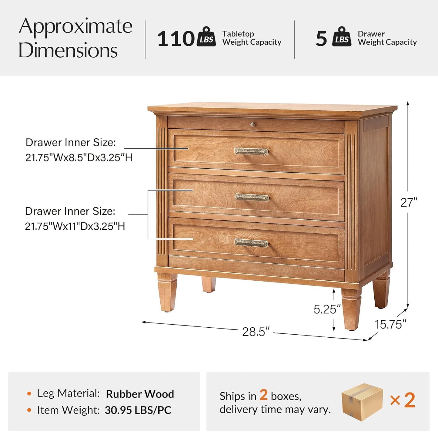 HULALA HOME Farmhouse Nightstand with Charging Station, Pull-Out Tray, 3 Drawers Nightstand with Solid Wood Legs, Wood Veneer Bedside Table with Open Shelf Set of 2, Acorn