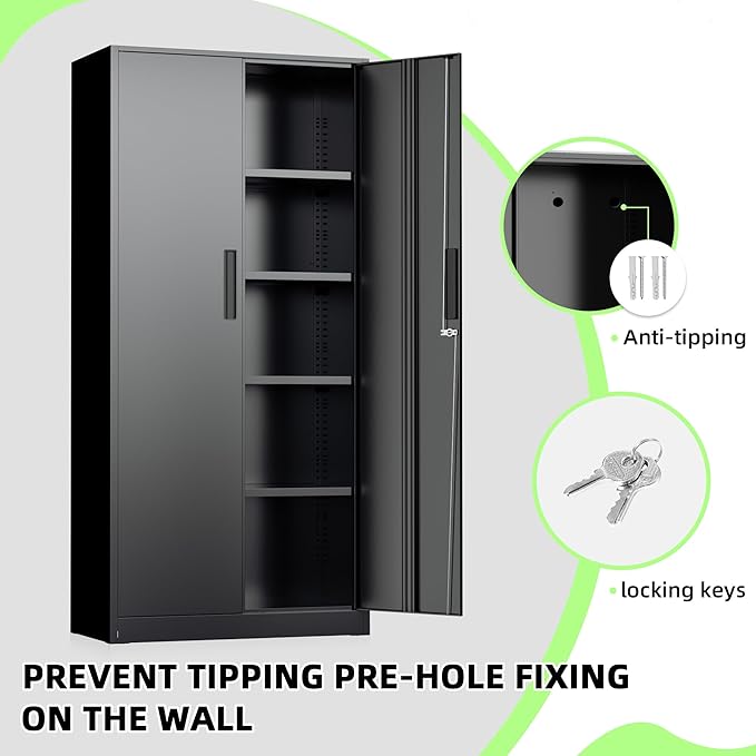 SUNCROWN 72" Metal Storage Cabinet - Heavy-Duty Metal Garage Cabinet with 4 Adjustable Shelves & 2 Doors for Tools, Office, Home, Workshop,Black-Small