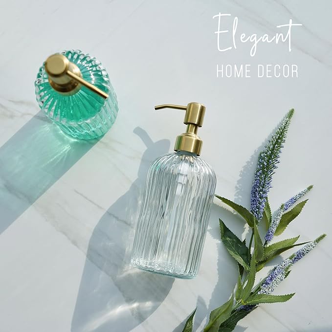 JASAI 18Oz Glass Soap Dispenser with Golden Pump for Kitchen,Refillable Liquid Hand soap Dispenser with Vertical Stripe, Clear Soap Dispenser Bathroom for Hand soap, Dish Soap, Lotion