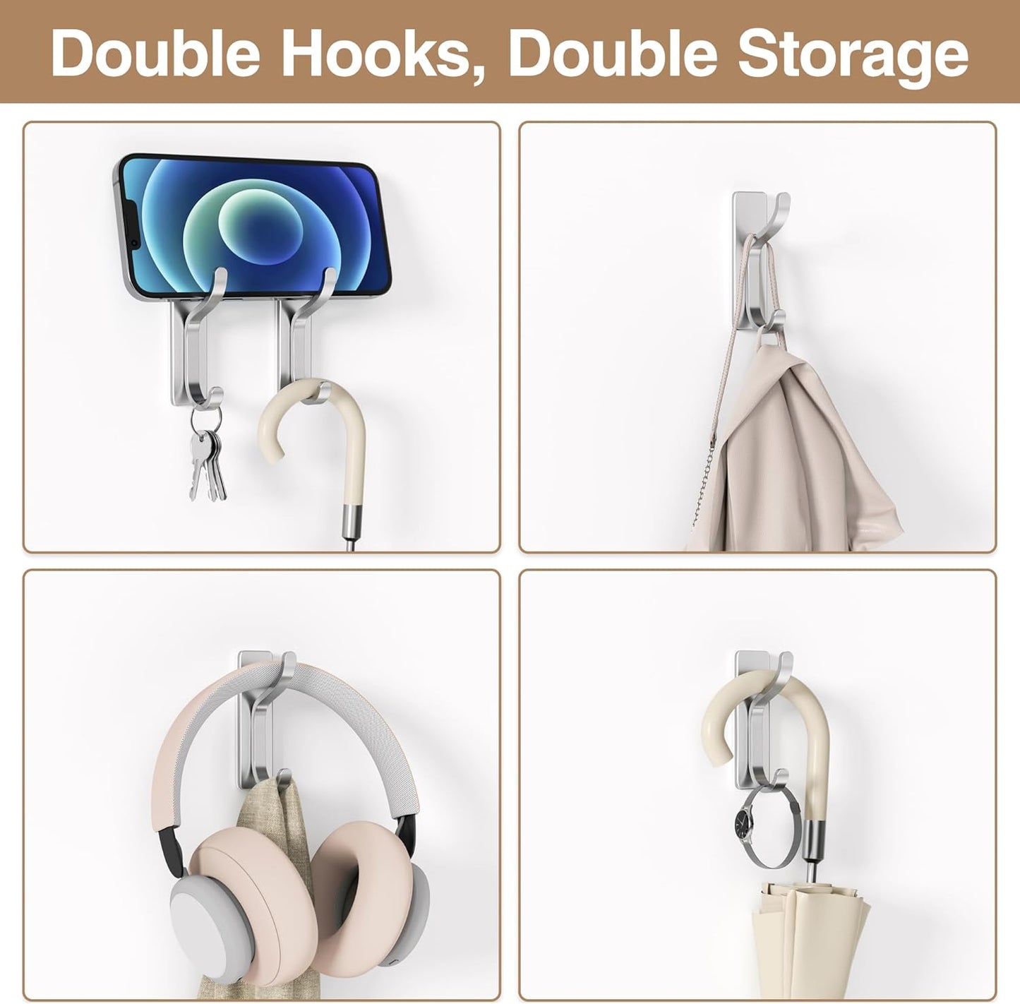 10-Pack Adhesive Wall Hooks for Hanging: Modern Silver Hooks Hold 13 LB, Sticky Wall & Door Hanger for Coats, Shower Towel, Bags, Backpack, Bathroom & Kitchen Utensils, Stainless, Metal