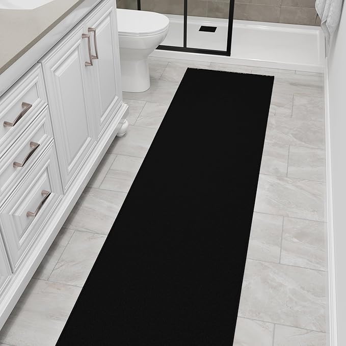 Ottomanson 2x23 Non Slip Extra Long Hallway Runner Rug with Rubber Backing - Solid Modern Kitchen Rug for Bedroom or Living Room, Black, 2' x 23'