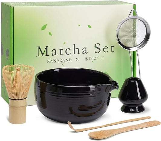 Matcha Whisk Set, Ceramic Matcha Set Includes Matcha Bowl, Matcha Whisk (Chasen) and Holder, Sifter, Bamboo Scoop & Spoon - 6 Pcs Matcha Kit for Matcha Lovers Black