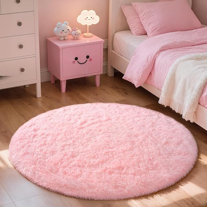 Pink Round Rug for Bedroom, 5Ft Fluffy Circle Area Rugs for Living Room, Shag Fuzzy Carpet for Kids Room, Nursery, Dorm, Classroom, Teen, Cute Baby Play Mat Home Decor Aesthetic