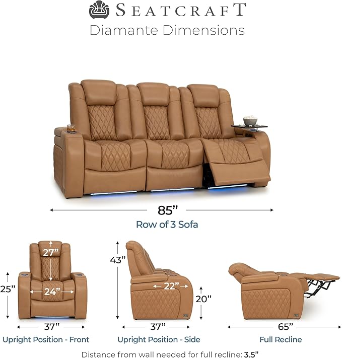 Seatcraft Diamante Zero-Gravity CoolZero Italian Leather Home Theater Seating, Power Headrest, Power Recline, Row of 3 Sofa, Tan Oak