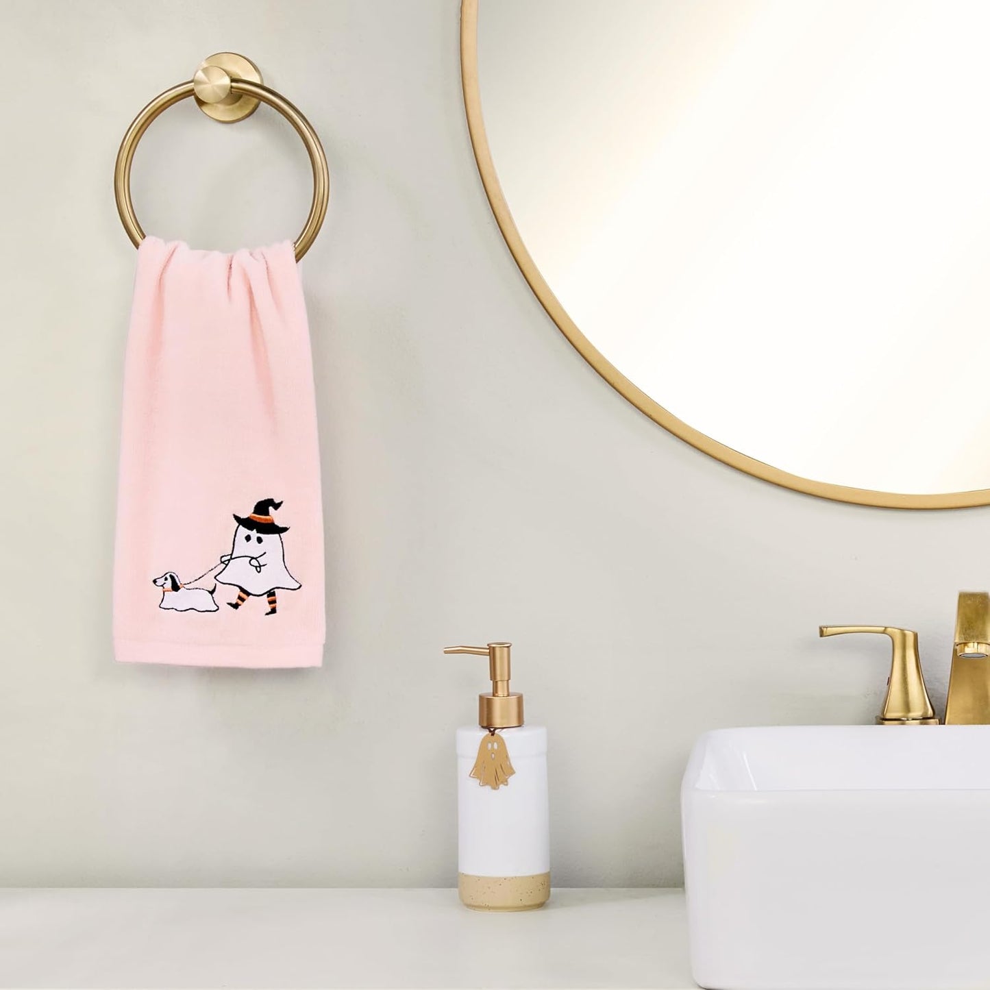 SKL Home Halloween Ghost Walking Dog 100% Cotton Embroidered 2pc Hand Towel Set, Decorative for Bath/Kitchen/Bar & Gift, Pink