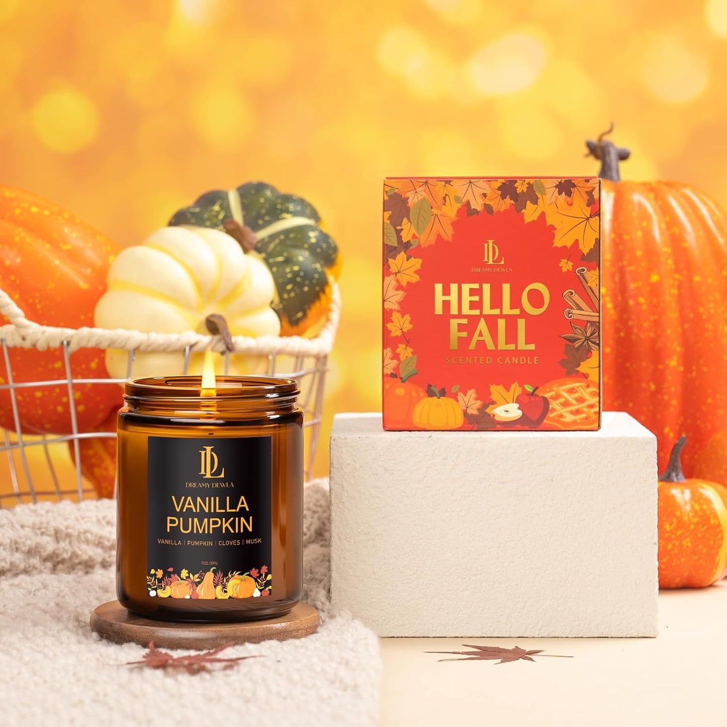 Fall Candle | Vanilla Pumpkin Scented Candle - Autumn Home Decor, 7oz Autumn Soy Candles with 50hr Burn Time, Holiday Thanksgiving Fall Gifts for Women Men